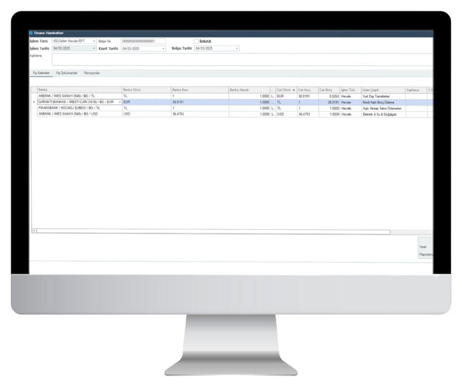 izRP ERP Genel Muhasebe Modülü Arayüzü
