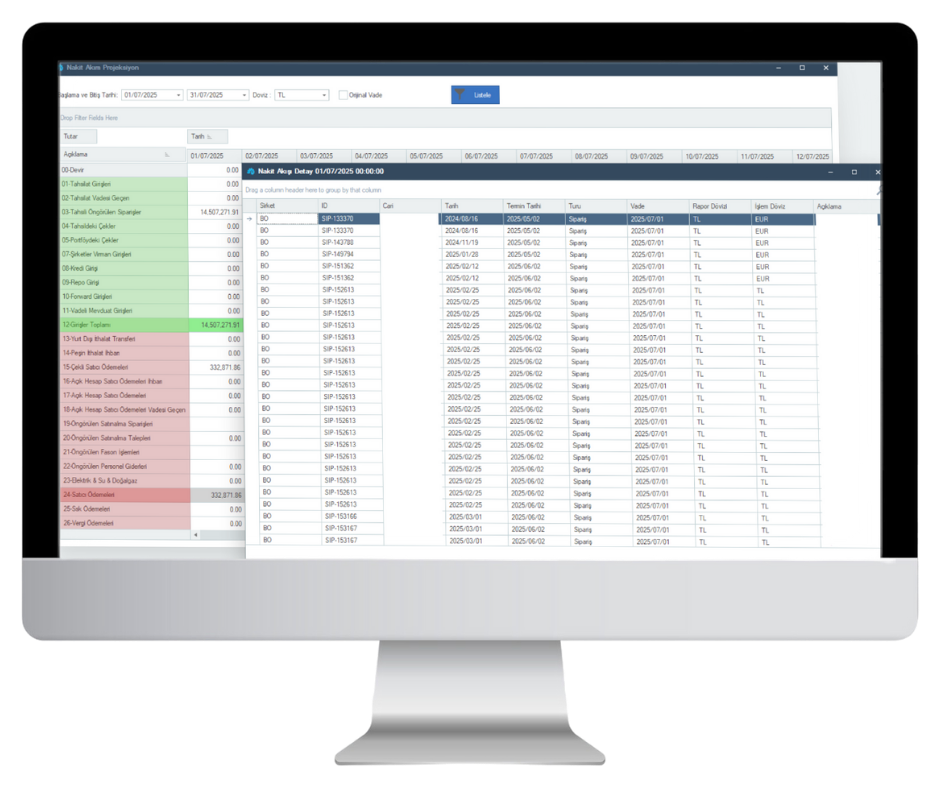 izRP ERP Nakit Akışı Takip ve Analiz Ekranı