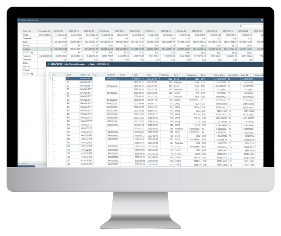 izRP ERP Vadeli Projeksiyon Analiz Ekranı