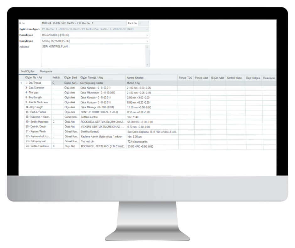 izRP ERP Ölçüm Takibi ve Kalite Kontrol Arayüzü